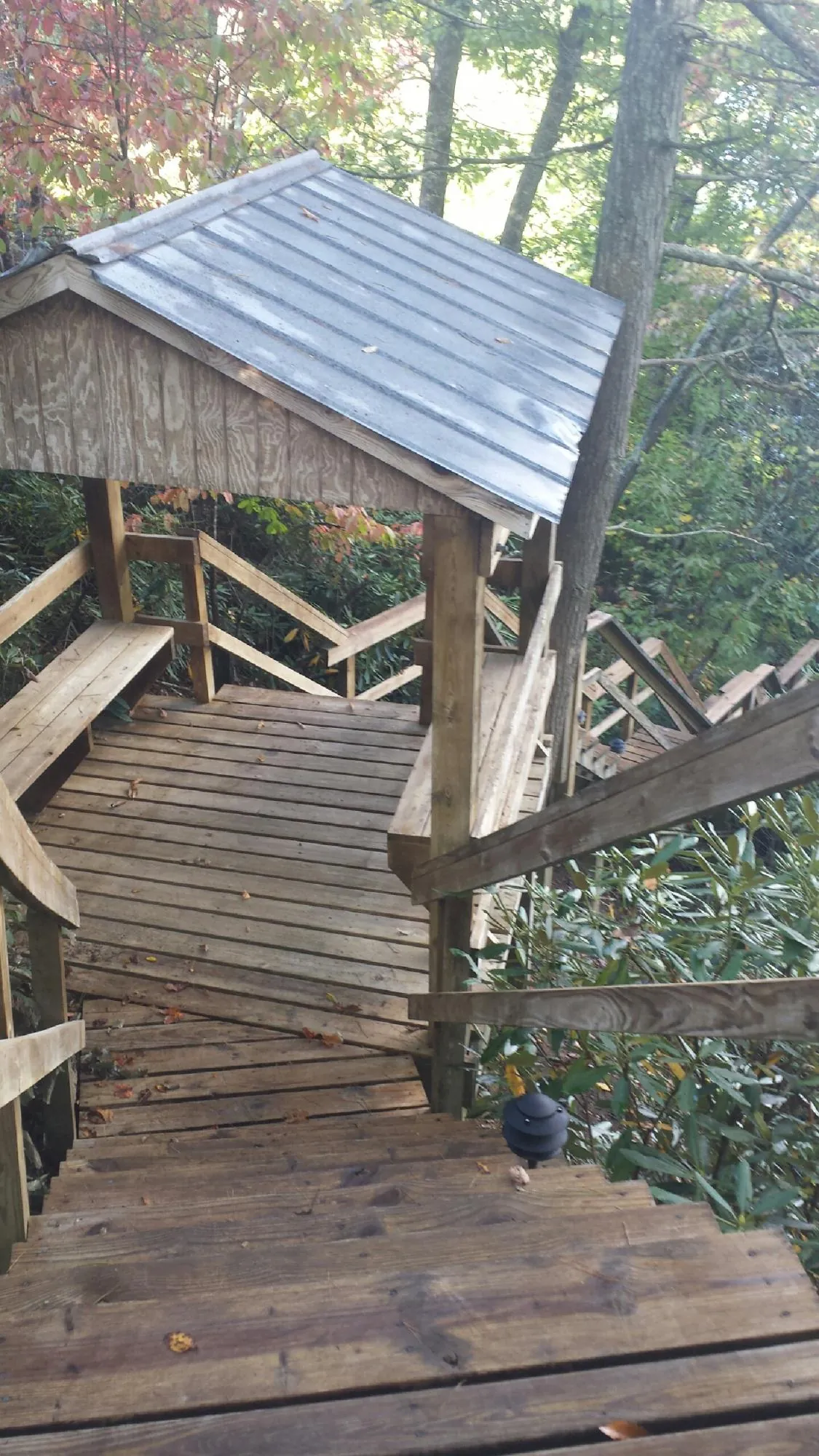 Metal roofed shelter over wooden steps on a wooded walkway — Skylight Repair & Installation work by our crew in Leetonia